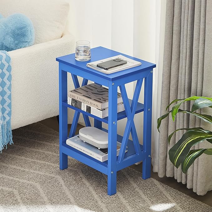 VECELO End Table Set of 2, Bedside Table, 24" Tall Living Room End Tables, X-Design Reinforced Nightstands, Side Table with 3-Tier Storage Shelves for Small Spaces, Office, Bedroom, Dark Blue