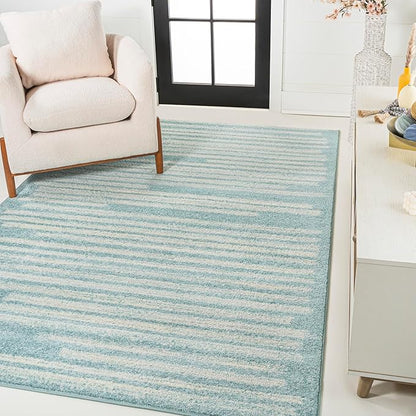 JONATHAN Y Khalil Modern Berber Stripe Turquoise/Cream Indoor Area Rug, 8x10, Contemporary, Bohemian, Easy-Cleaning for Living Room, Bedroom, Kitchen, Pet Friendly, Non-Shedding (MOH207D-8)