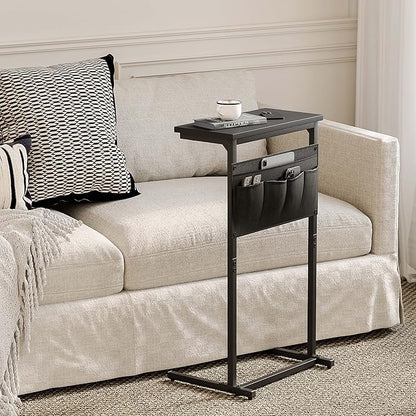 C Shaped End Table, Side Table for Sofa, Small TV Tray, Couch Table with Storage Bag for Small Space, Living Room, Bedroom, Home Office LET501B (Black)