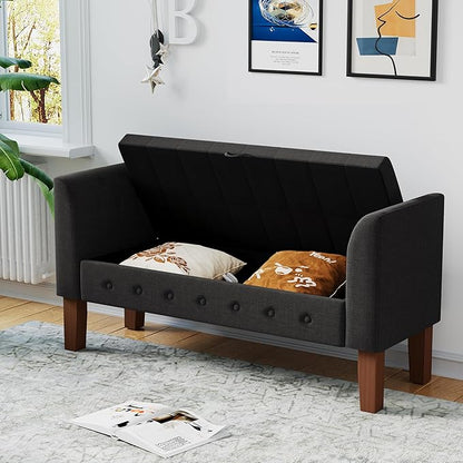 Awonde Storage Bench for Bedroom End of Bed Button Tufted Upholstered Bench Storage Ottoman Bench with Arms 52" Settee Bench Gray Linen