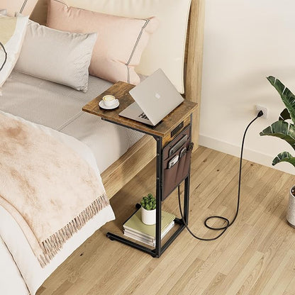 Vagusicc C Shaped End Table with Charging Station, Small Side Table for Couch, Tall Sofa Table Couch Side Tables, Slide Under Sofa Table TV Tray Arm C Tables for Living Room, Bedroom, Bedside, Brown