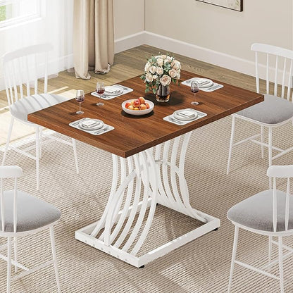 DWVO Modern Dining Table for 4 People 47 Inch Rectangular Kitchen Table with Walnut Tabletop and White Geometric Legs Small Dinner Table Kitchen & Dining Room Furniture Brown