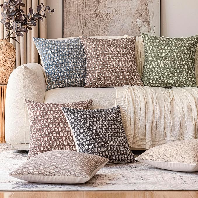Foindtower Set of 2 Decorative Neutral Floral Print Throw Pillow Covers Vintage Accent Farmhouse Cushion Covers Boho Home Decor for Sofa Couch Chair Bedroom Living Room Outdoor,20×20 Inch,Sage Green