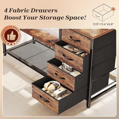 PRAISUN 53" L Shaped Desk with Power Outlets and USB-C Port, Reversible Computer Corner Office Desk with 4 Fabric Drawers and 2 Height-Adjustable Shelves, Large for Gaming Writing Study, Rustic Brown