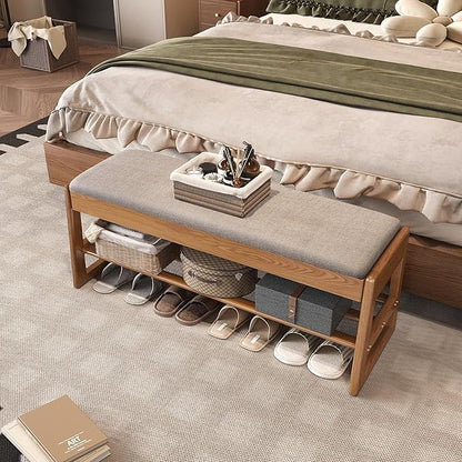 Shoe Rack Bench with Cotton-Linen Cushion 2-Tier Wooden Storage Bench 550lbs Compact Simple & Modern Design for Entryway, Hallway, Bedroom, Living Room, Closet, Front Door Entrance, Foyer