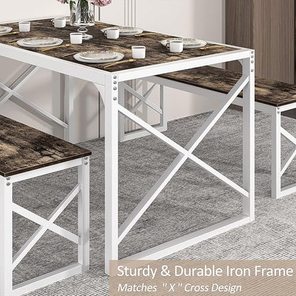 VECELO Kitchen Dining Table Set for 4 to 6, 55" Wood Dinette 2 Benches with Metal Frame for Dinner Breakfast Nook and Small Space, Dark Brown