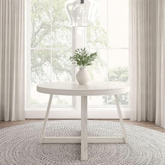 Plank+Beam Round Dining Table, 47 Inch Solid Wood Kitchen Table, Farmhouse Round Table for 4, Small Dinette Table, White Sand Wirebrush
