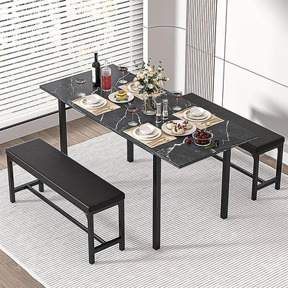 VECELO 3-Piece 63" Extendable Kitchen Table with Benches/Chairs, Modern Breakfast Dinette/Dining Room Set for 4/6/2, Small Space Saving Design, Easy Assembly