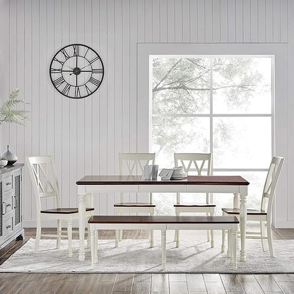 Crosley Furniture Shelby 6-Piece Traditional Dining Table Set for 7 with 4 Chairs and a Wood Bench, Distressed White