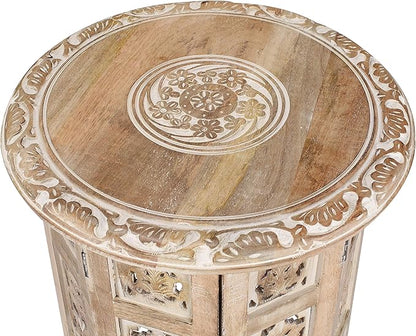 The Wooden Town Carved Wood Round End Table – 18" Accent Side Table for Living Room, White Washed Small Coffee Table, Handcrafted Altar Table, Solid Wood Design