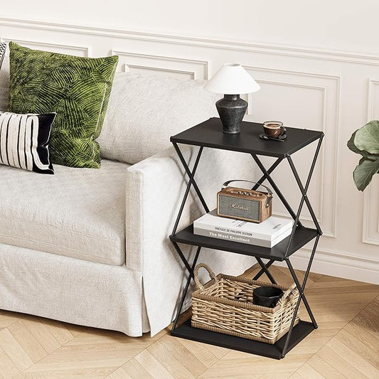 3-Tier End Table Small Side Table Tall Bedside Night Stand with Storage Sofa Side desks for Living Room Bedroom Office Bathroom Small Space Black ET-03BK