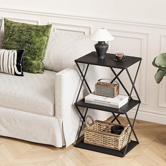 3-Tier End Table Set of 2 Small Side Table Tall Bedside Night Stand with Storage Sofa Side desks for Living Room Bedroom Office Bathroom Small Space, Black ET-03BK-2