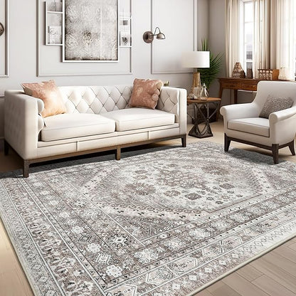 zesthome 4x6 Rug - Stain Resistant Washable Rug, Anti Slip Backing Rugs for Living Room, Foldable Vintage Small Area Rugs (Brown/Beige,4'x6')