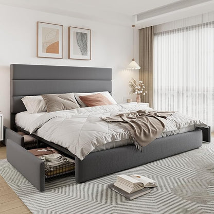 Allewie Modern King Size Platform Bed Frame with 4 Storage Drawers and Velvet Upholstered Headboard, Wooden Slats Support, Upholstered Mattress Foundation/No Box Spring Needed/Easy Assembly, Grey