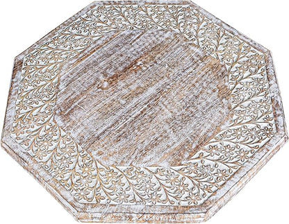 Farmhouse Carved Octagonal End Table – Rustic Accent Side Table with Hand Carved Floral Detailing, Portable Wood Tray Top, White Wash Finish, 24" Dai x 18" Height–Nightstand For Living Room,Bedroom