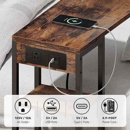 C Shaped End Table with Charging Station, Small Side Table for Couch Recliner, Slide Under Sofa Desk Snack Tables with Storage Bag & AC / USB Outlet, Small Spaces Drink Tables for Living Room, Bedroom