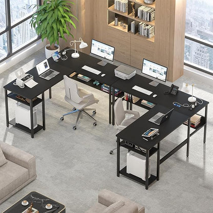 Reversible L Shaped Computer Desk with Power Outlets and USB Charging Ports, Sturdy Corner Desk with Storage Shelf, Modern Work Gaming Table for Home Office, Easy to Assemble, Black