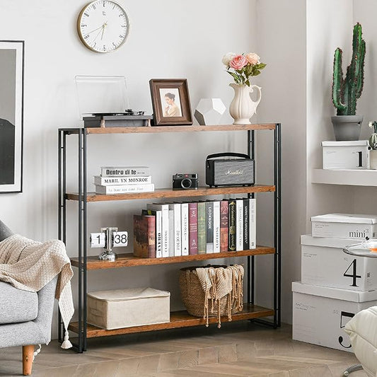 HCHQHS Bookshelf,4-Tier Industrial Bookcase,Rustic Wood and Metal Open Display Book Shelves Home Office,Bedroom Standing Shelf Unit,Horizontal Kitchen Shelf Organizer,Bathroom Storage Rack 47in