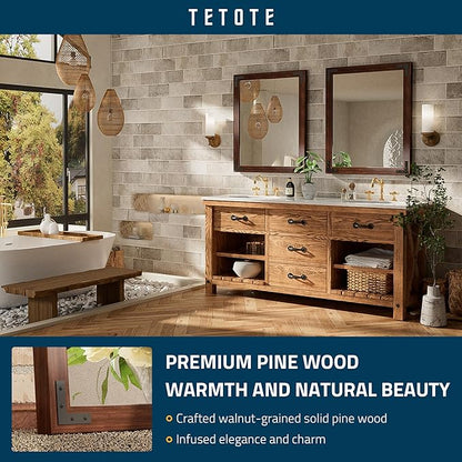 TETOTE 24 x 32 Walnut Wood Framed Mirror for Bathroom Wall/Bedroom/Living Room/Entryway Farmhouse Rustic Wall Mirror Waterproof (Horizontal/Vertical Mounted)