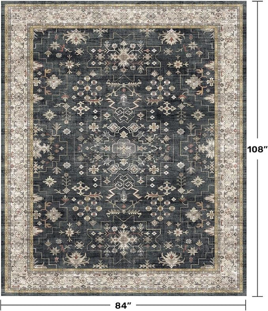 Boho Dining Room Rugs for Under Table - 7x9 Washable Black Area Rug for Living Room, Low Pile Non-Slip Rugs for Bedroom Under Bed - Charming Farmhouse Decor & Stain Resistance - Black/Multi
