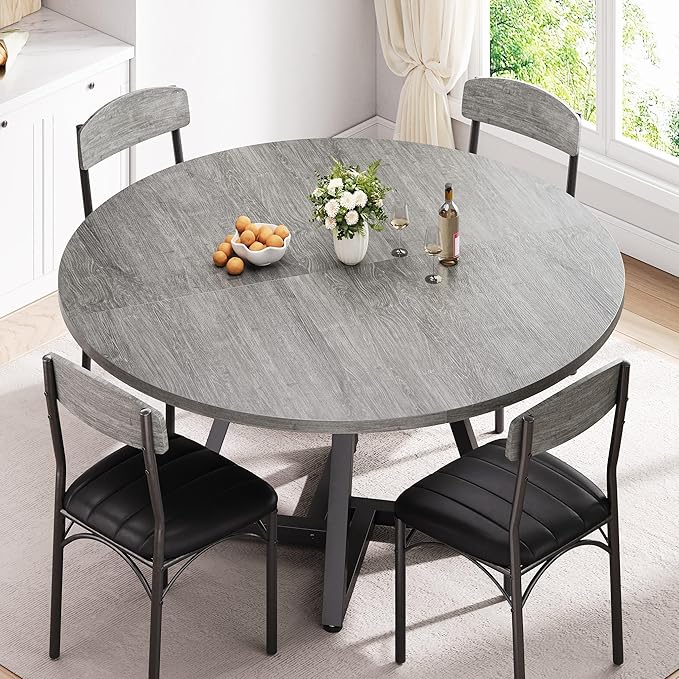 Round Kitchen Dining Room Table Circle Dining Dinner Table with Pedestal Metal Frame, Space Saving Wood Industrial Furniture for Small Space (Grey, 47IN)
