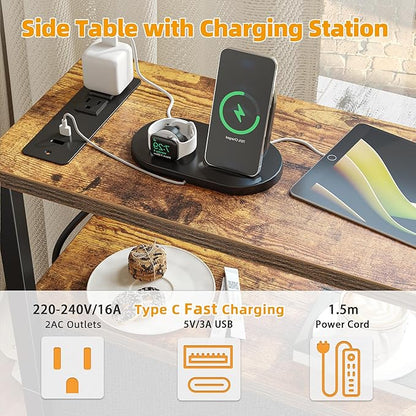 TIQLAB End Table with Charging Station, Narrow Side Table with 2 Fabric Drawers, Nightstand with LED Light, Slim Bedside Table for Bedroom, Living Room, Small Spaces, Brown