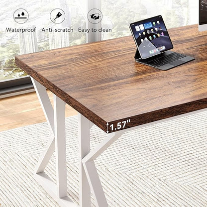 LITTLE TREE 78.7 Inch Large Executive Desk, Modern Computer Office Desk, Wooden Writing Desk Study Table for Home Office, Rustic Brown-White