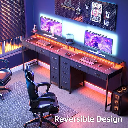 Computer Desk with 5 Drawers, Gaming Desk with LED Lights Power Outlets and Type-C, 47 Inch Office Desk with Storage, Monitor Stand, Writing Desk Work Table for Home Office, Small Spaces, Black