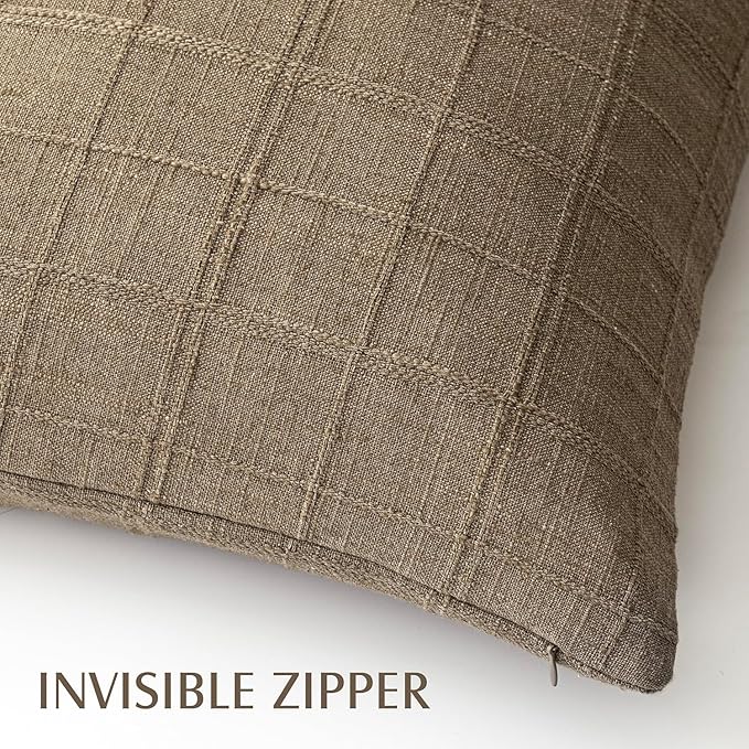 Foindtower Set of 2 Decorative Linen Check Throw Pillow Covers Neutral Farmhouse Vintage Cushion Covers Modern Boho Home Decor for Sofa Chair Couch Bedroom Living Room Outdoor,24×24 Inch,Light Brown