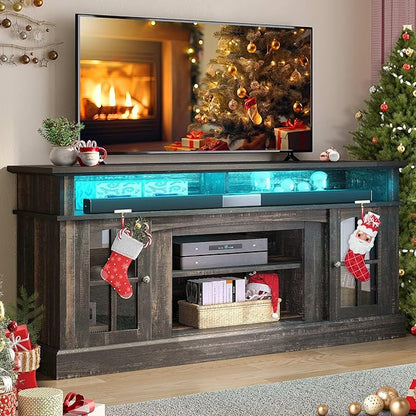 YITAHOME LED Farmhouse TV Stand for 65 Inch w/Outlets, Modern Entertainment Center with Glass Doors and Adjustable Storage Shelves, Media Console TV Cabinet for for Living Room, Dark Rustic Oak