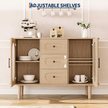 GarveeHome 47.2" Sideboard Buffet Cabinet with 2 Fluted Glass Doors & 3 Drawers, Modern Farmhouse Accent Coffee Bar with Adjustable Shelves for Kitchen, Living Room, Hallway, Natural