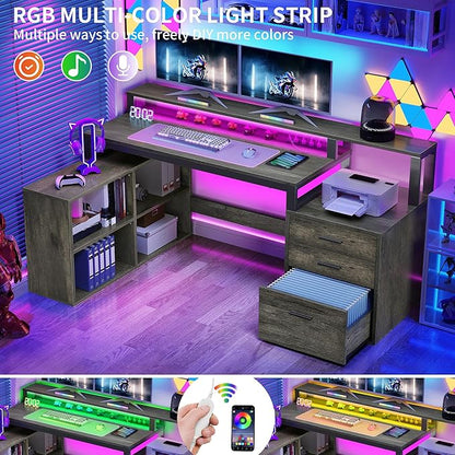 DWVO L Shaped Desk with Drawers, 65" Computer Desk with Power Outlets & LED Lights, Corner Home Office Desk with Storage Shelves & Printer Stand, Grey