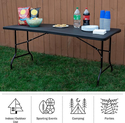 Everyday Home Folding Table - Lightweight Portable Folding Desk - 6-Foot-Long Plastic Table for Camping, Playing Cards, Parties, and Dining (Black)