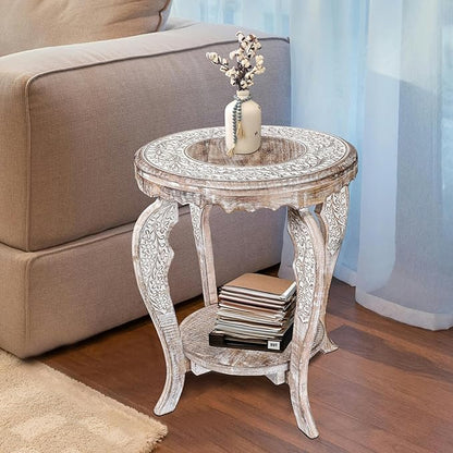 The Wooden Town Farmhouse Round Accent End Table,Rustic Side Table Nightstands for Living Room Bedroom,Coffee Tables,Wood Tray Top,Handcrafted Finish, 18"x22" - White Wash