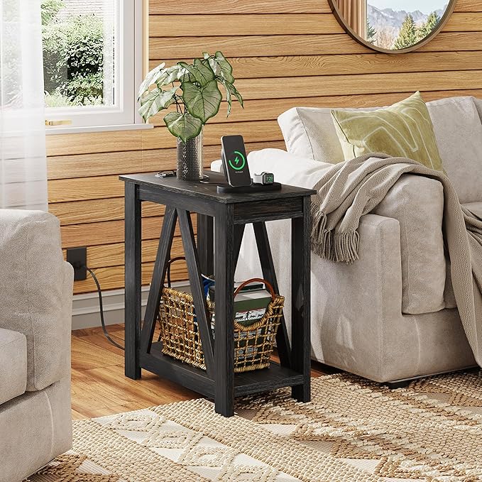 WLIVE Narrow End Table with Charging Station of Open Storage Shelf, Sofa Side Table with 2 USB Ports and 2 Power Outlets, Slim Farmhouse End Table for Small Spaces, Bedroom, Living Room