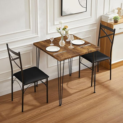 VECELO 3-Piece Dining Room Kitchen Table and Pu Cushion Chair Sets for Small Space, 2, Classic Brown,Dining Set for 2