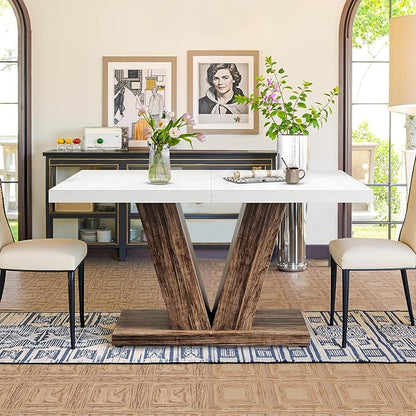 47 Inch Dining Table for 4, Farmhouse Dinner Table Wooden Kitchen Tables with Heavy Duty Pedestal for Dining Room, Kitchen, Living Room, White & Black