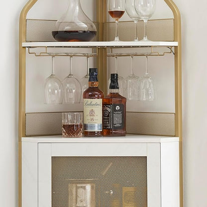 GAOMON Corner Bar Cabinet with Glass Holder, Industrial Wine Cabinet with Adjustble Shelf, 5-Tiers Liquor Cabinet Bar Cabinet for Home, Corner Display Cabinet for Small Space, Faux Marble