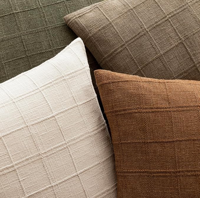 Foindtower Set of 2 Decorative Linen Check Throw Pillow Covers Neutral Farmhouse Vintage Cushion Covers Modern Boho Home Decor for Sofa Chair Couch Bedroom Living Room Outdoor,18×18 Inch,Brown Hazel
