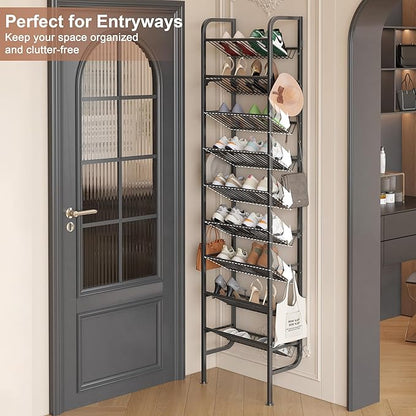 UMDONX 9 Layer Shoe Rack for 18 Pairs Shoes, Freestanding Shoe Organizer with 12 Hooks & 8 Adhesive Pads, Space-Saving Vertical Storage for Entryway and Walk-in Closet