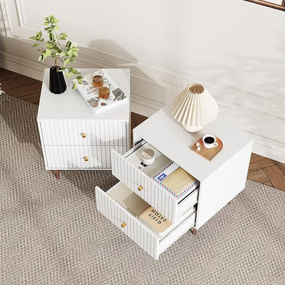 White Night Stand Set 2,Modern Bedside Table with 2 Drawers Storage,Fluted Nightstand and Wood End Side Table with Rose Gold Metal Legs and Handles for Bedroom,White