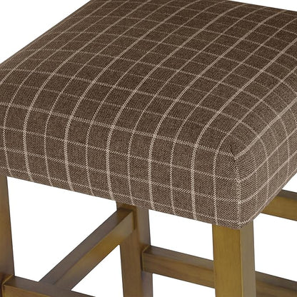HomePop Home Decor |Classic Open-Back Counter Height Barstool| Square 24 Inch Bar Stools with Domed Cushion, Brown Window Pane Print