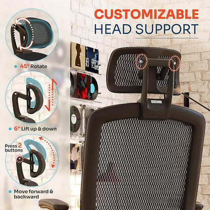 GABRYLLY Ergonomic Office Chair, High Back Home Desk Chair with Headrest, Flip-Up Arms, 90-120° Tilt Lock and Wide Cushion, Big and Tall Mesh Chairs for Man Woman, Black Task Chair(Dark Woodgrain)