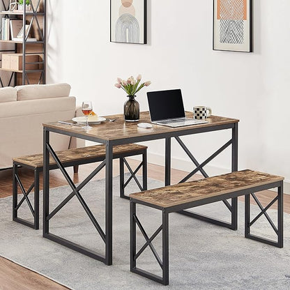 VECELO Kitchen Table with 2 Benches for 4, Wood Dining Room Dinette Sets with Metal Frame for Breakfast Nook and Small Space, Brown