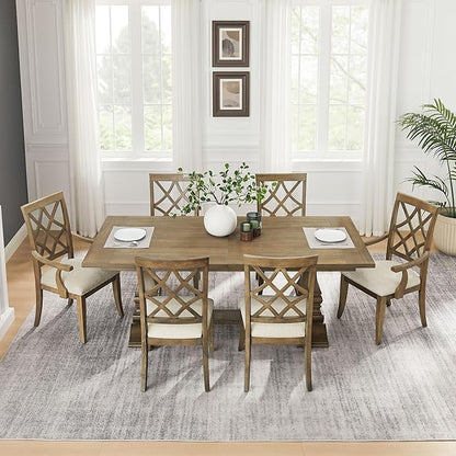 KEIKI Retro 7-Piece Wooden Dining Table Set for 6 Person, Vintage Table Set with Extendable Rectangular MDF Wood Grain Table and 6 Upholstered Chair, Easy Assembly, for Kitchen, Dining Room, White Oak