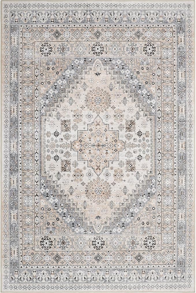 zesthome 5x7 Area Rugs - Ultra-Thin Washble Rug, Stain Resistant Anti Slip Backing Rugs for Living Room,Bedroom, Vintage Home Decor Area Rug (Beige,5'x7')