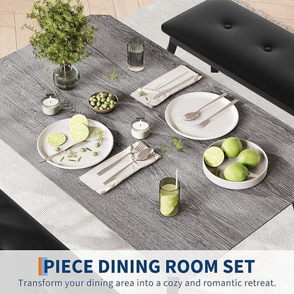 3 Piece Farmhouse Dining Table Set for 4, Compact Rustic Kitchen Table with 2 Padded Benches, Space Saving Breakfast Nook Furniture Set for Small Spaces, Apartments, Grey