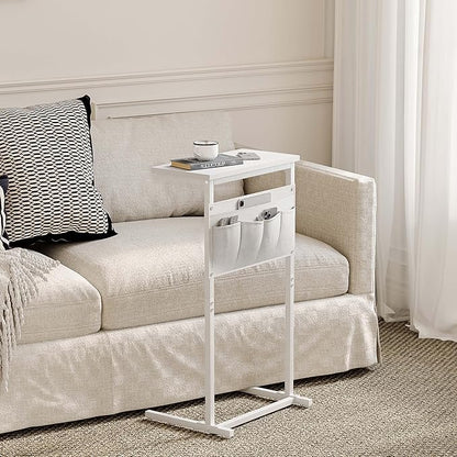 C Shaped End Table, Side Table for Sofa, Small TV Tray, Couch Table with Storage Bag for Small Space, Living Room, Bedroom, Home Office LET501W (White)
