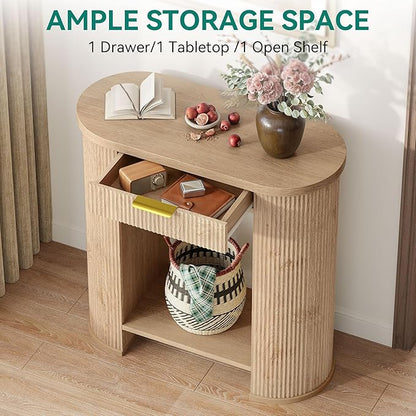 YITAHOME 31.5" Farmhouse Console Table for Entryway, Entry Hallway Foyer Table with 2 Drawers and Storage Shelf, Large Sofa Behind Couch Fluted Elliptical Desk for Hallway Living Room, Oak Color
