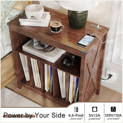 ChooChoo Large Record Player Stand with Charging Station & LED Light, Vinyl Record Holder hold up to 300 Albums, Farmhouse End Table for Bedroom, Living Room, Walnut
